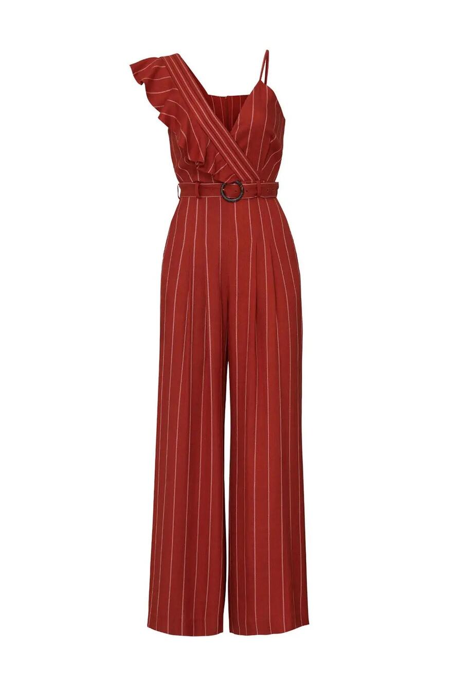 Three Floor Women Margaux Jumpsuit Rust Orange Belted V Neck Ruffle Size 4 Small